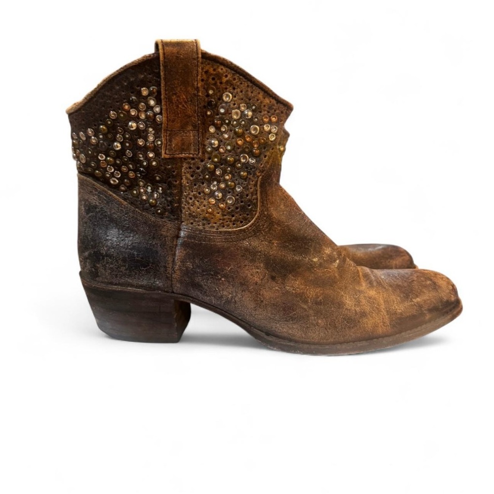 Frye Distressed Brown Ankle Booties with Studs